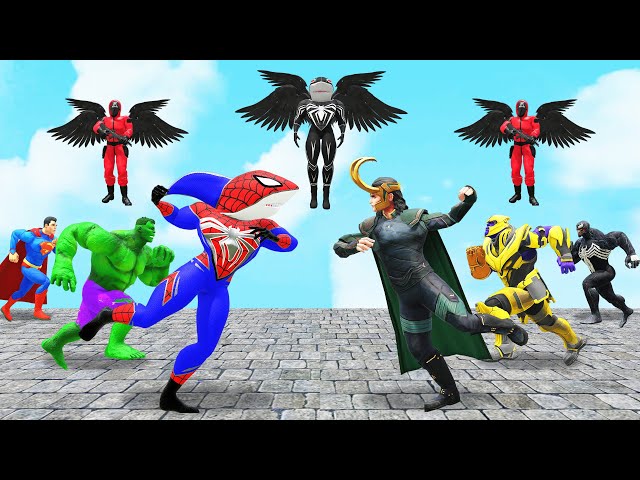 Spiderman Superheroes Team Shark Spiderman battle Venom3 has Wing vs Loki turn Hulk evil|King Spider
