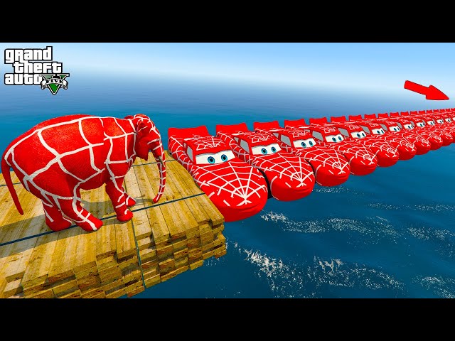 Spider Elephant Jumps ride Spider Mcqueen bridge - Gta 5 جراند 5: يقفز الفيل إلى ماكوين العنكبوت