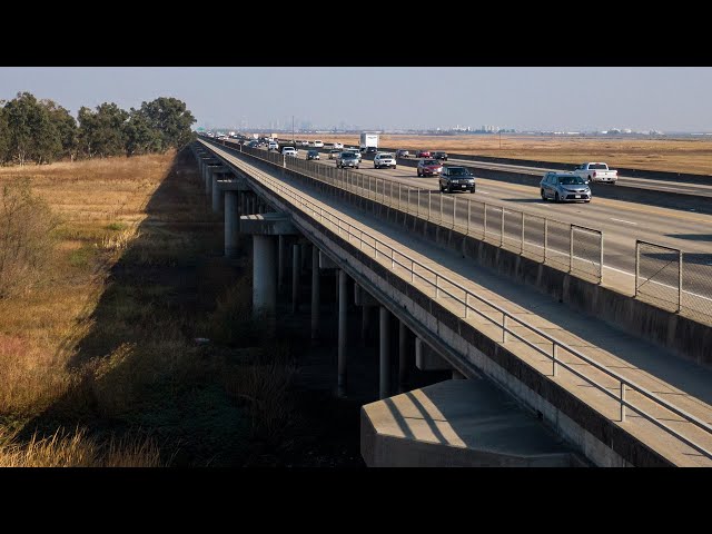 Drone video shows the bottleneck-prone I-80 Yolo Causeway