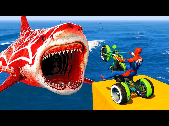 دراجات نارية التحدي سبايدرمان التنين Motorcycles Challenge Spiderman w/ Founded Shark GTA V Mods