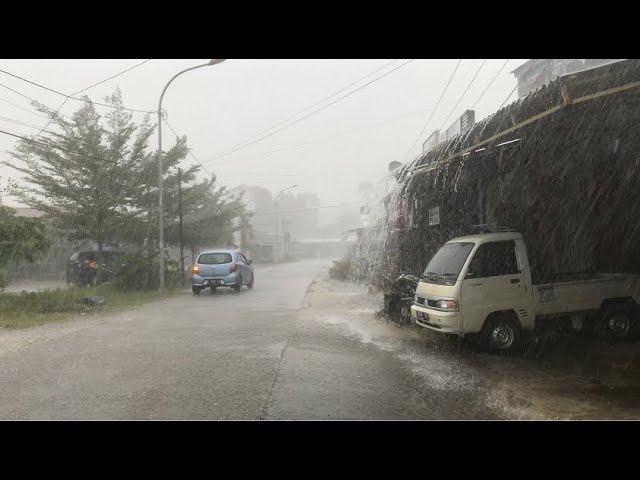 Walking in Heavy Rain and Strong Wind Storm | Indonesian Village Traditional Market Area