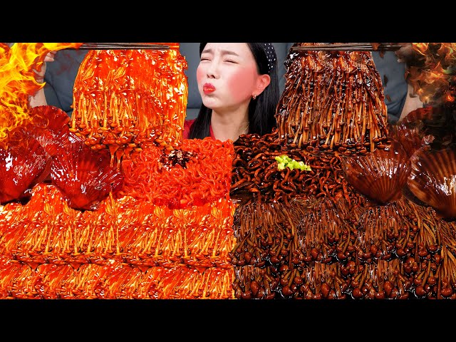 [Mukbang ASMR] Buldak Enoki Mushrooms 🔥 Jjajang & Spicy Ramen Scollop Seafood Recipe eating Ssoyoung