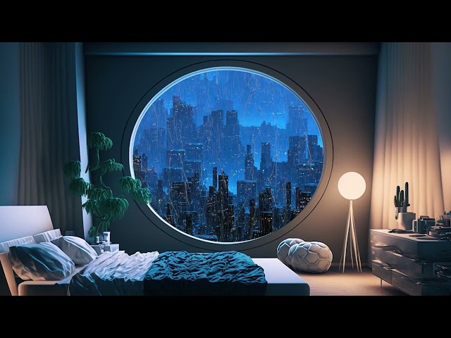 ASMR Futuristic Bedroom Ambience 🎧 Cyberpunk Apartment City, Heavy Rain, Thunderstorm