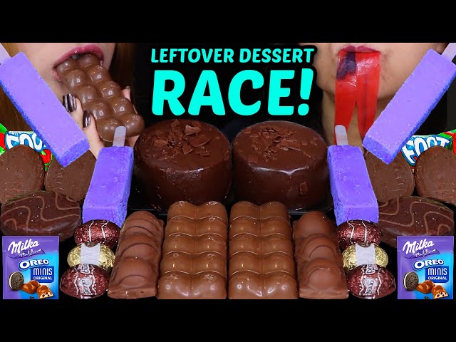 ASMR LEFTOVER DESSERT RACE! BUBBLY CHOCOLATE, MOUSSE CAKE, PURPLE ICE CREAM, MILKA OREO, KINDER EGGS