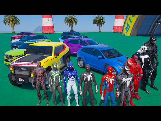 Jump challenge mount Ramp Spiderman tam vs Venom team SuV Cars BMW x5 Lamborghini Urus Mansory