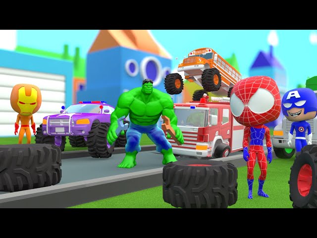 Superheroes Garage fixing Monster Truck  Water Slide Colors for Kids Nursery Rhymes for Children