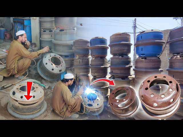 Restoration process of truck tire rim plate in workshop || how repair truck tire rim