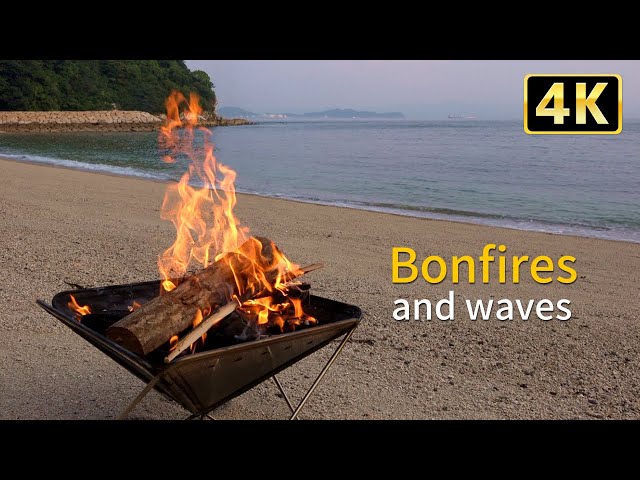 Three hours of relaxation with a 4K bonfire and the sound of waves