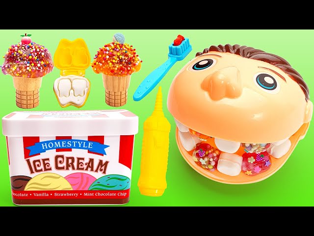 Feeding Ice Cream and Dentist Check with Mr. Play Doh - Educational Fun for Kids