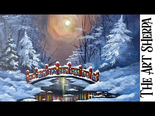 Snowy Night Landscape with Red Bridge Glowing lights | Holiday Acrylic Painting Viewers Choice