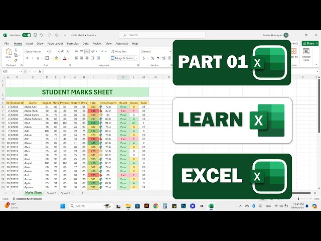 Excel Tutorial for Beginners in Hindi & urdu Student marks sheet excel main kisay banaen.
