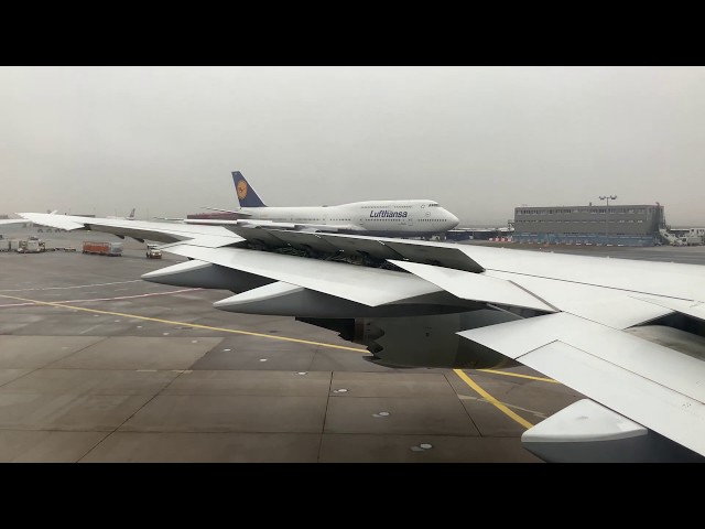 Lufthansa Boeing 747-8 foggy takeoff from Frankfurt I 4K
