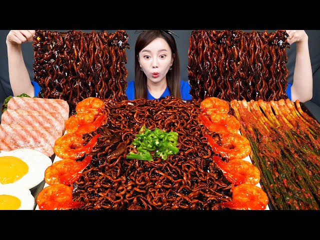[Mukbang ASMR] Jjapaghetti ✨ Korean Jjajang Ramen Spicy Shrimp Seafood Korean Kimchi Recipe Ssoyoung