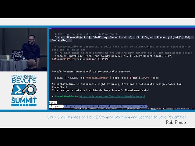 PowerShell Summit 2023: 0:04 / 38:56Linux Shell Debates or: How I Stopped Worrying... by Rob Pleau