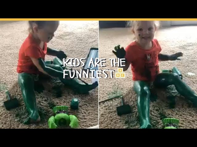 Little Girl Paints Herself Green Like Incredible Hulk Toy