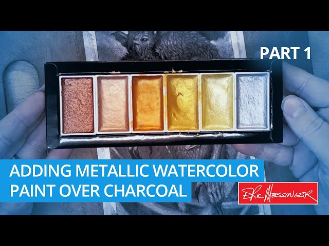 Adding metallic water color paint to a charcoal drawing. Part 1.