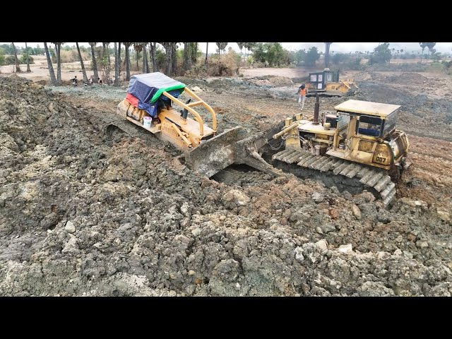 Amazing Project Landfilling Up Big Pond Tree Big KOMATSU DOZERS Push Dirt Rock And Soil Into Water