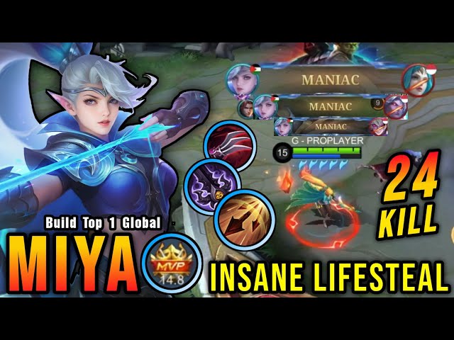4x MANIAC!! 24 Kills Miya High LifeSteal Build, Almost SAVAGE!! - Build Top 1 Global Miya ~ MLBB