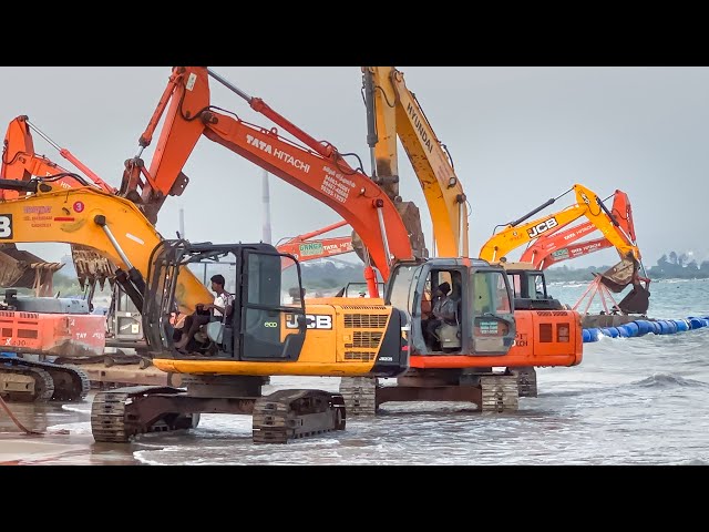 21 Excavator and Boat Sea Water to Drinking Water Pipeline Pulling and pushes together into Ocean