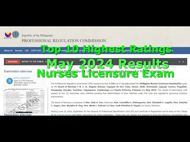 Top 10 Highest Ratings in May 2024 Philippine Nurses Licensure Exam..with 92.60% Average