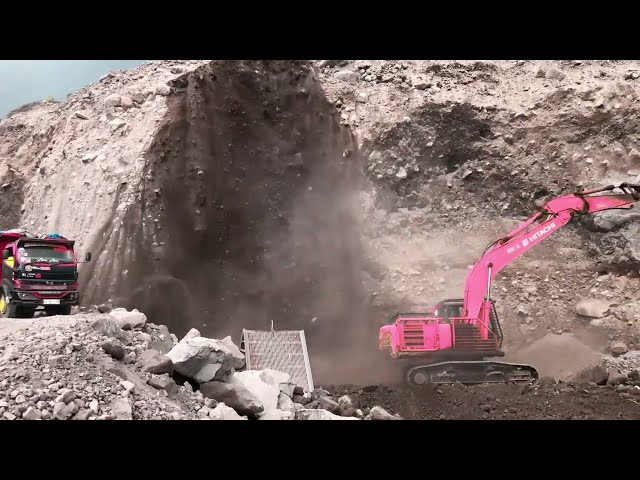Extreme Sand Mining Using a Hydraulic Excavator Under a High, Rocky Cliff. Daily Mining Movie