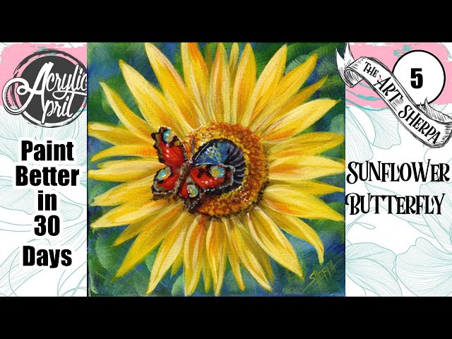 Sunflower and Butterfly 🌺🌸🌼 Easy Acrylic Tutorial Step by Step Day 5   #AcrylicApril2022
