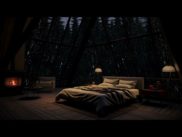 Attic Storm Night by the Fireplace 🌧️ Quiet Night Rainstorms on windows for Sleep