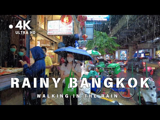 [4K UHD] Walking in Downtown Bangkok in the Rain | Rain Sound on Rainy Day