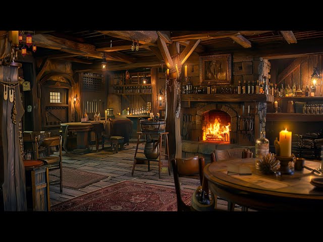 Medieval tavern, virtual music by the fire at night | Relaxing medieval tavern atmosphere