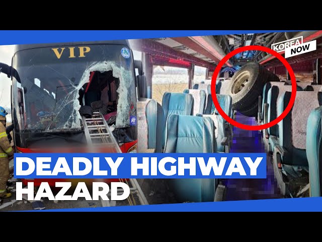 Dislodged road wheel from 25-ton truck slams into passenger bus