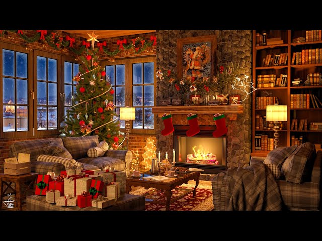 Christmas Jazz instrumental Music with Cracking Fireplace 🎄Cozy Christmas Coffee Shop Ambience