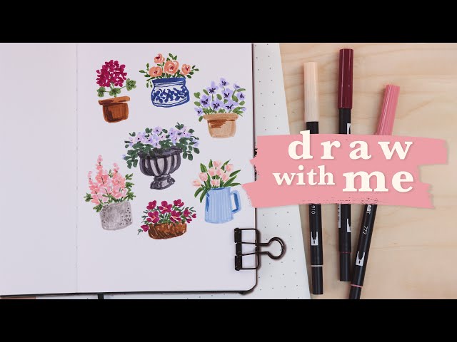 How To Draw Flowers With Brush Pens | Cute Potted Plants