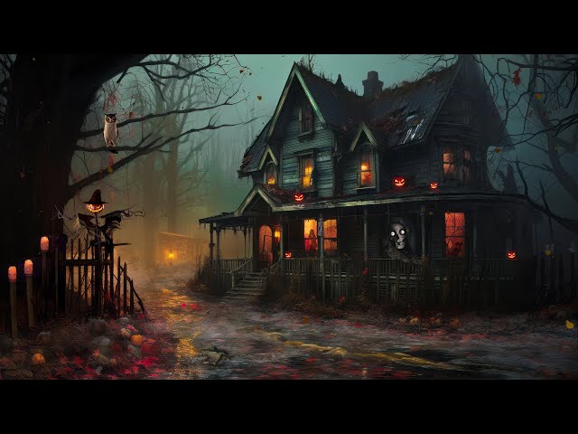 October Night🌙 Haunted House Halloween with Falling Leaves, Crickets & Night Sounds