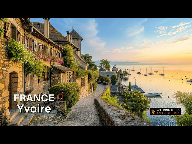 Yvoire France - Beautiful French Village Walking Tour - Flowered Medieval Town - Relaxing 4k video