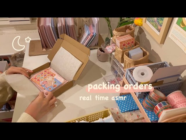 asmr packing orders for my sticker shop 🍵 real time, no music + late night edition