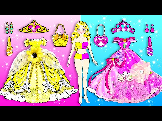 [🐾paper Diy🐾]  Pink Vs Yellow Princess Dress Up and Make Up Contest | Rapunzel Compilation 놀이 종이