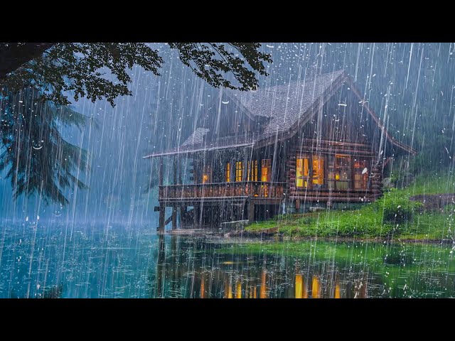 Relaxing Rain for Sleeping - Heavy Rain, Strong Wind on the Roof by the Lake at Night - Rain Sound