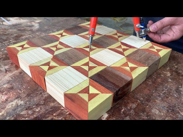 Woodturning - A Carpenter Created a Wooden Plate with a Colorful 3D Cube Illusion Design