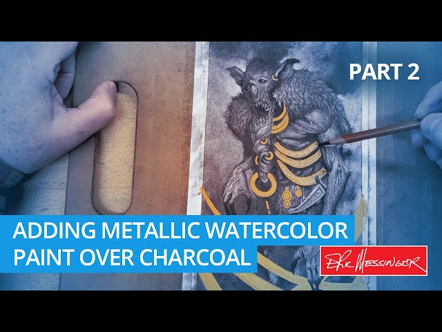 Adding metallic water paint to charcoal drawing. Part 2