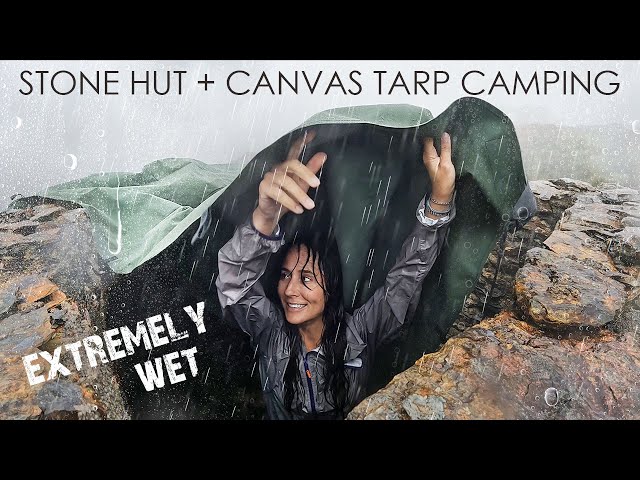 Heavy Rain Camping in Tiny Stone Hut with Canvas Tarp for Roof