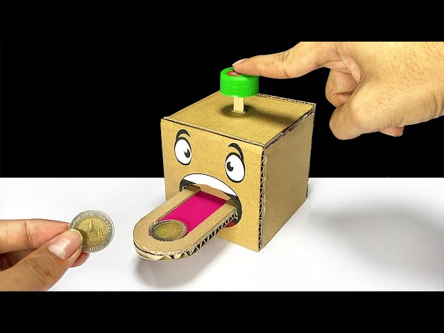 DIY Cion Box Bank From Cardboard | ออมสินกดเหรียญไหลเข้ากล่อง