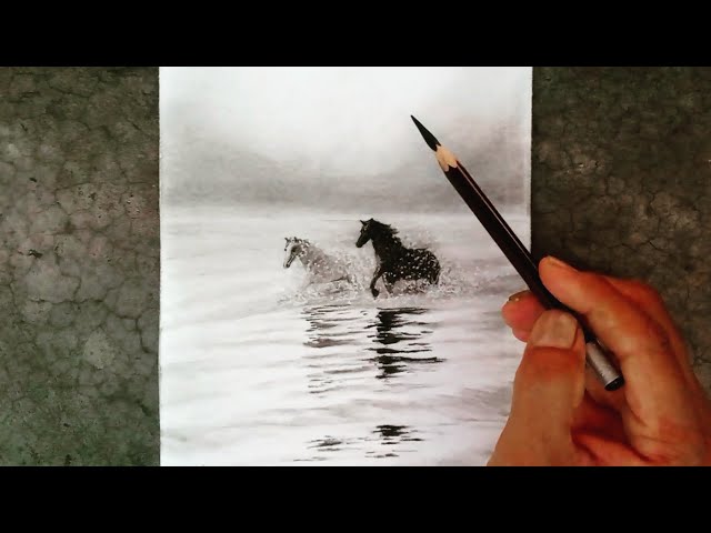 Pencil drawing landscape of two horses running and their shadows in the ocean waves at sunset.