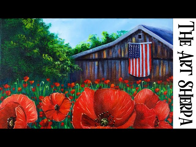 RED POPPY FIELD OLD BARN Beginners Learn to paint Acrylic Tutorial Step by Step