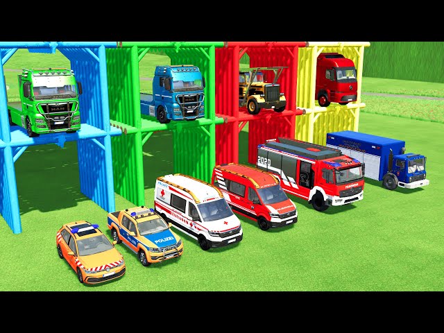 POLICE CARS, CAR HAULER, FIRE DEPARTEMENT, AMBULANCE TRANSPORTING  WITH TRUCK - Farming Simulator 22