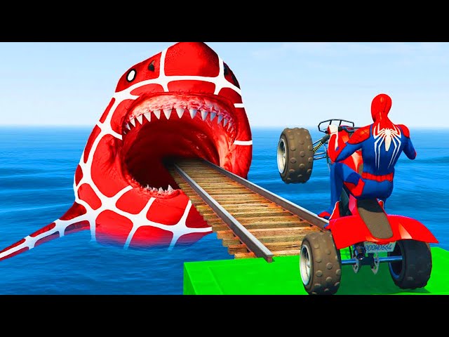 GTA 5 Crazy Ragdolls | Spiderman by Motorcycle On Rainbow Spiders Bridge (Spider Shark Jumps)