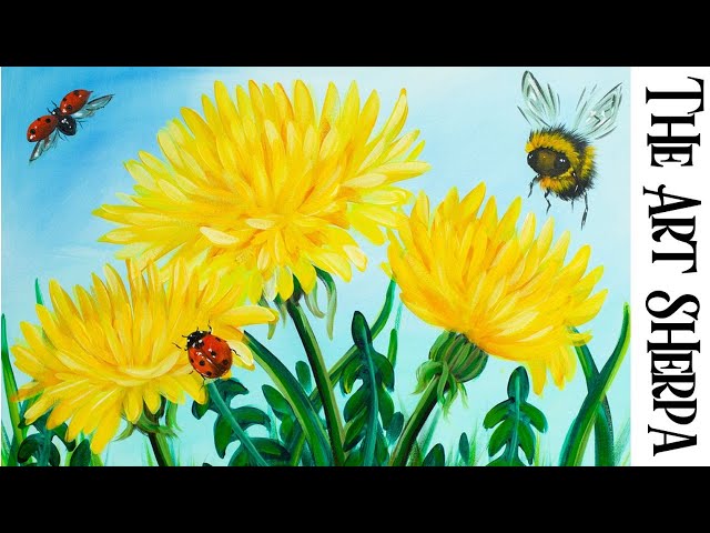 Acrylic Tutorial Step by Step Dandelion flower Ladybug Bumblebee painting | The Art Sherpa
