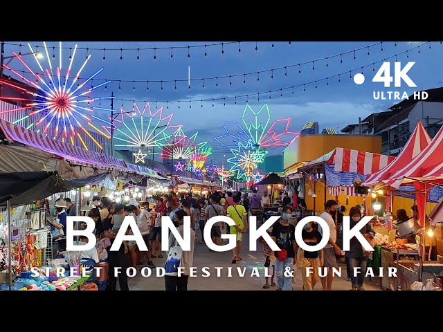 [4K] Walking around Street Food Night Market and Fun Fair in Bangkok, Thailand