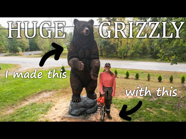 HUGE LIFE SIZED GRIZZLY BEAR chainsaw wood carving