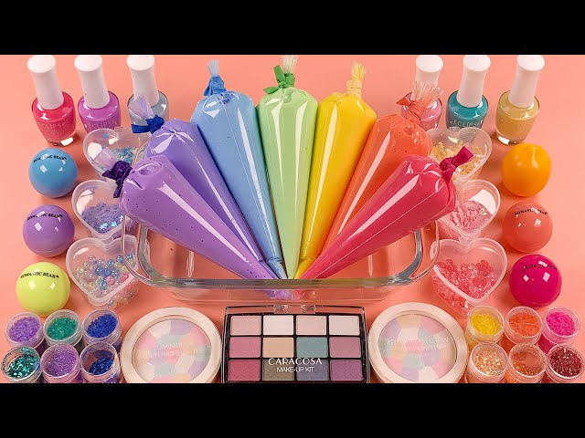 Making Rainbow slime w PIPING BAGS★Makeup Eyeshadow Glitter into SLIME★ASMR★Satisfying Video#088