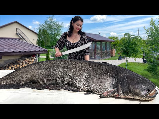 Butchering A Giant Catfish! Delicious Soup And Tender Fish Casserole